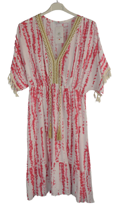 Tie Dye Short Kaftan Style Summer Dress Women's Italian Lagenlook Dress with Tassels
