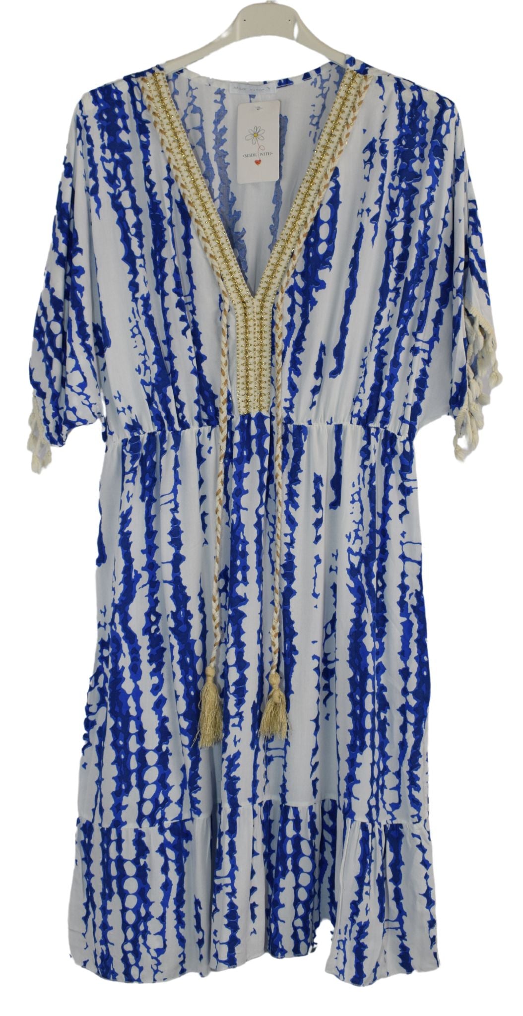 Tie Dye Short Kaftan Style Summer Dress Women's Italian Lagenlook Dress with Tassels