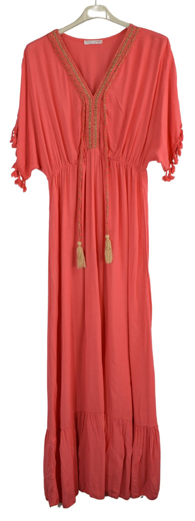 Plain V-Neck Kaftan Maxi Dress Short Sleeves and Tassels Italian Lagenlook Dress