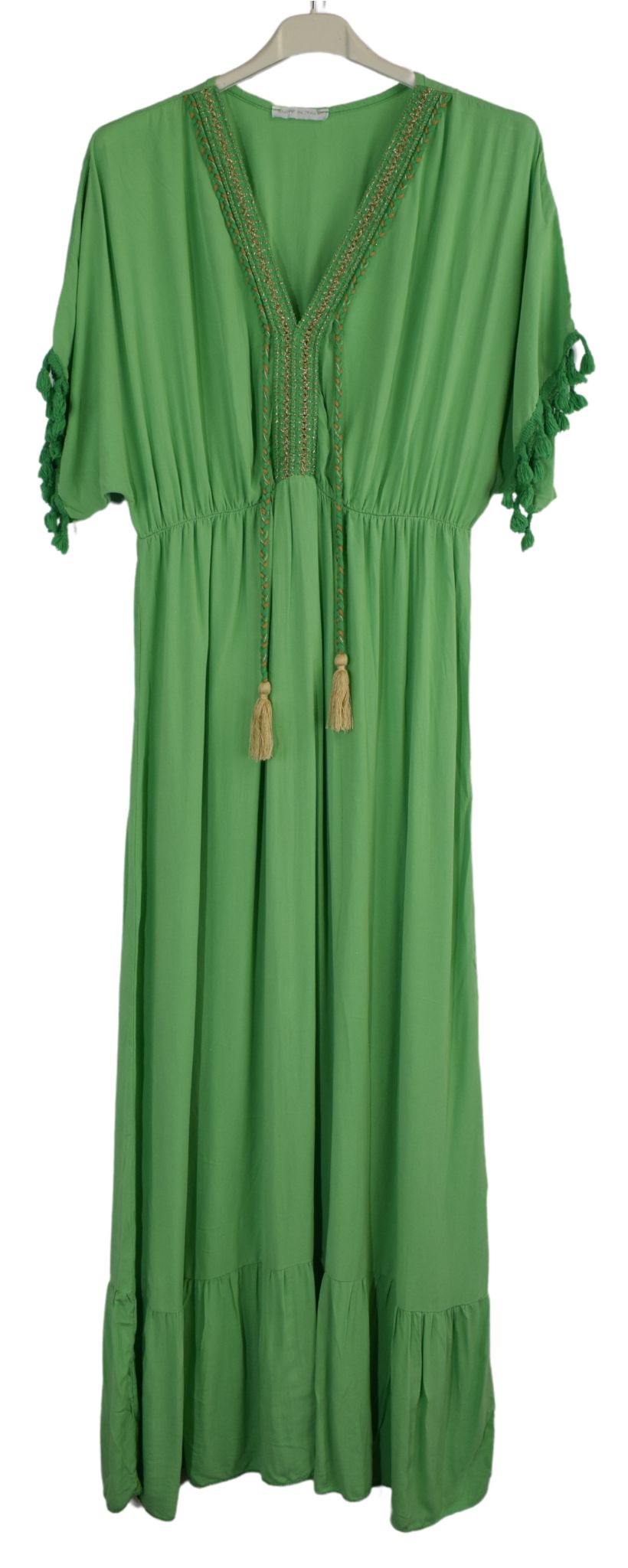 Plain V-Neck Kaftan Maxi Dress Short Sleeves and Tassels Italian Lagenlook Dress