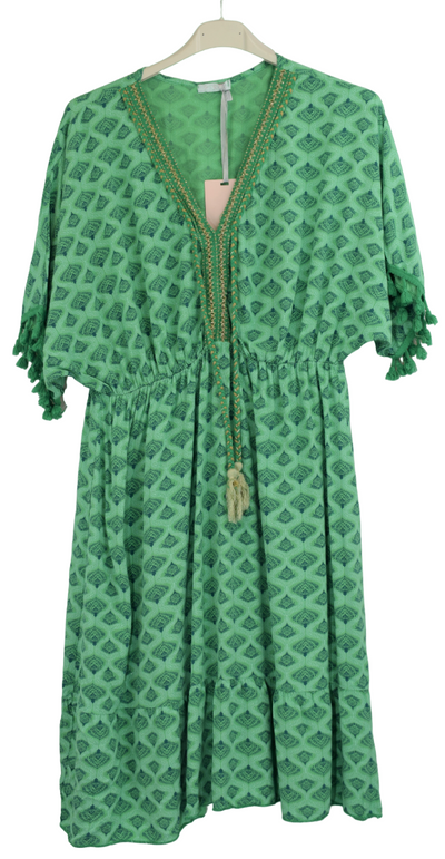 Ladies Casual Italian Lagenlook Wavy Print Summer Short Comfy Lightweight Dress with Tassels