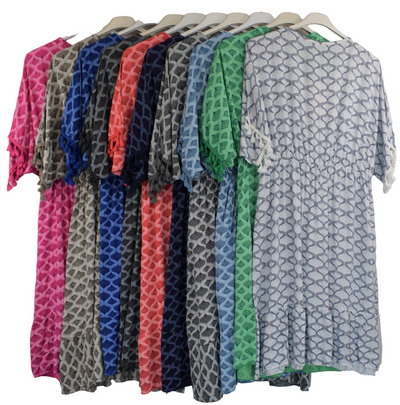 Ladies Casual Italian Lagenlook Wavy Print Summer Short Comfy Lightweight Dress with Tassels