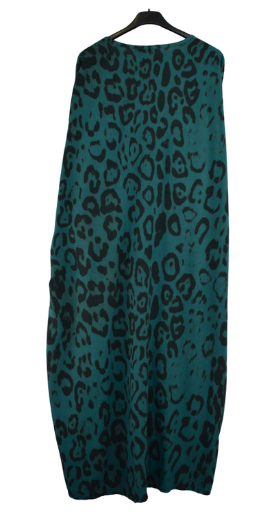 Animal Print Lagenlook Dress with Twist Knot, Comfortable Oversized Dress V-neck Midi Short Sleeve Women's Dress