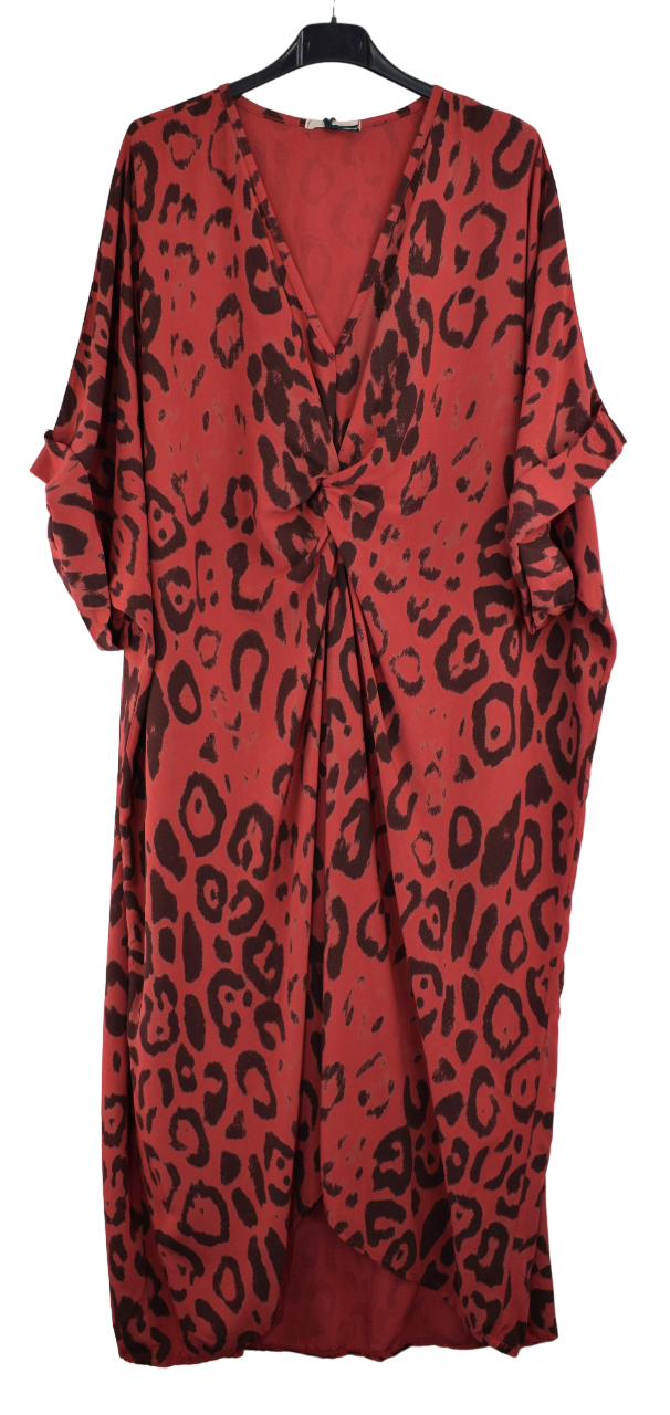 Animal Print Lagenlook Dress with Twist Knot, Comfortable Oversized Dress V-neck Midi Short Sleeve Women's Dress
