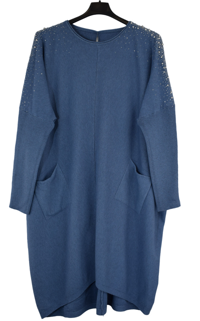 Ladies Italian Lagenlook Pearl, Diamante, Stud Embellished Sleeve Jumper Dress