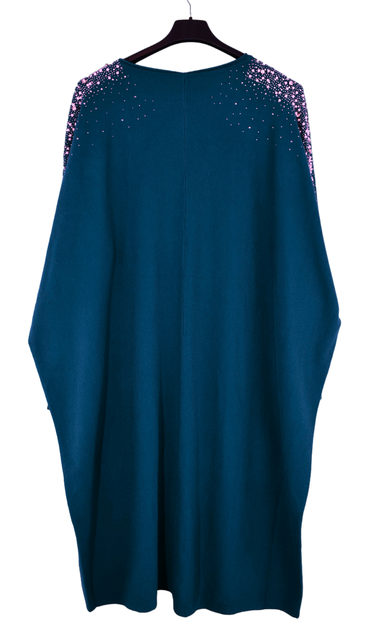 Ladies Italian Lagenlook Pearl, Diamante, Stud Embellished Sleeve Jumper Dress