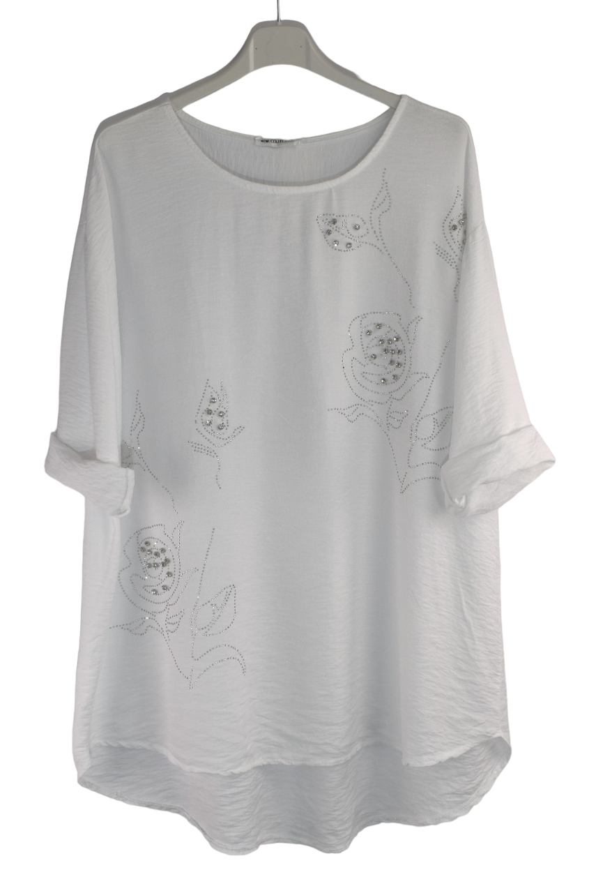 Rose Design Diamante Summer Top for Women with Intricate Rose Detailing Diamante and Stud Embellishment