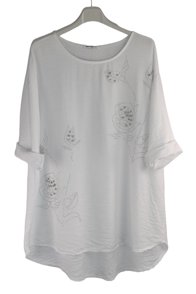 Rose Design Diamante Summer Top for Women with Intricate Rose Detailing Diamante and Stud Embellishment