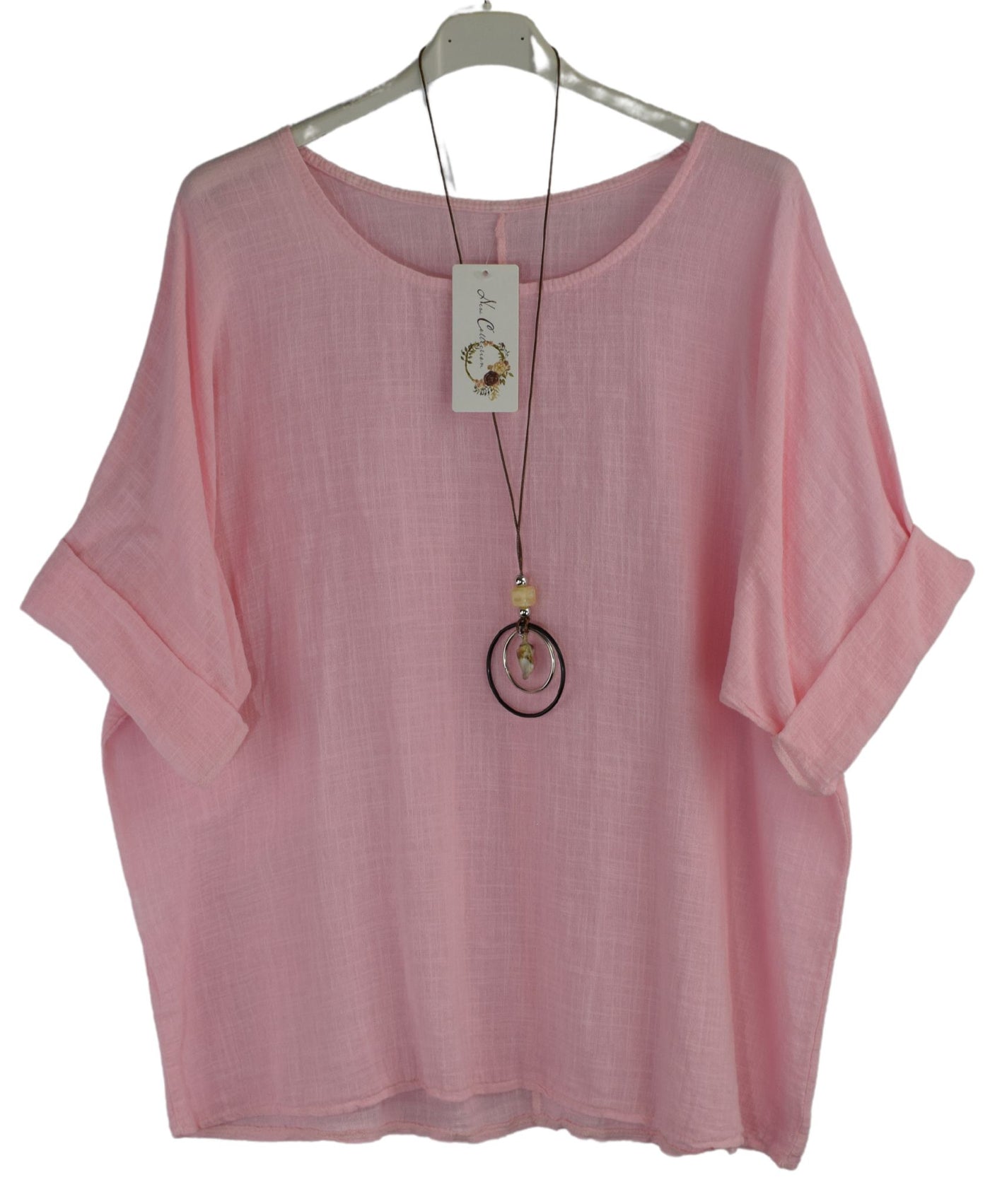 Plain Cotton Top with Necklace Short Sleeve Lightweight Summer Casual Top Breathable Cotton