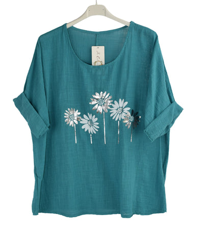 Foil Daisy Floral Cotton Top Women's Summer Tunic Tee Lightweight Holiday Top