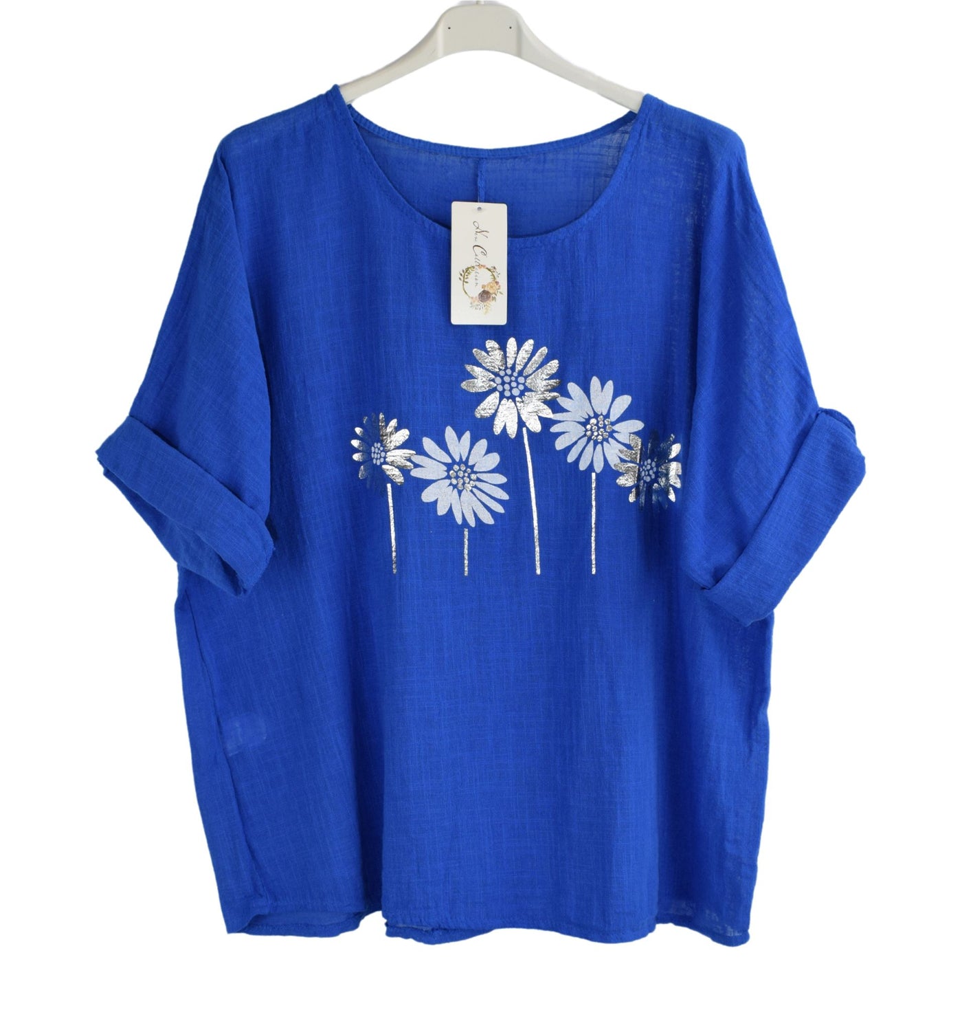Foil Daisy Floral Cotton Top Women's Summer Tunic Tee Lightweight Holiday Top