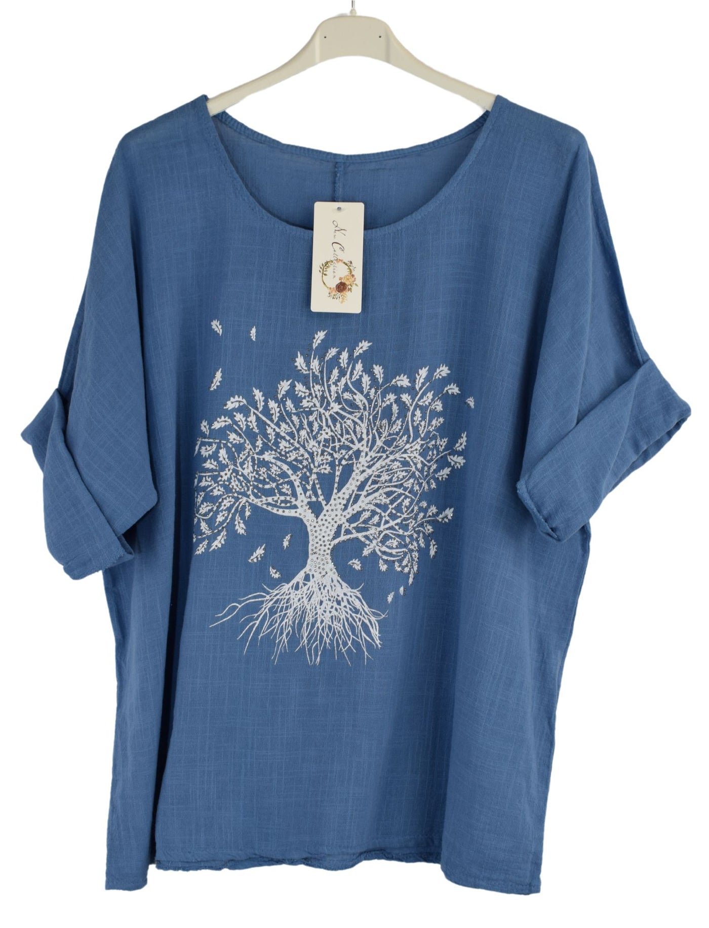 Cotton Tree Print Top Lightweight Embellished Summer Top Women's Short Sleeve Italian Top