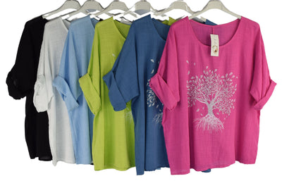Cotton Tree Print Top Lightweight Embellished Summer Top Women's Short Sleeve Italian Top