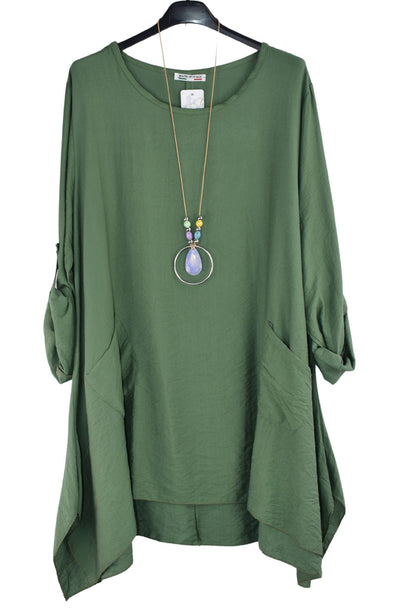 Asymmetric Tunic Top with Necklace and Italian Lagenlook Hi-Lo Squared Hemline with Pockets for Women
