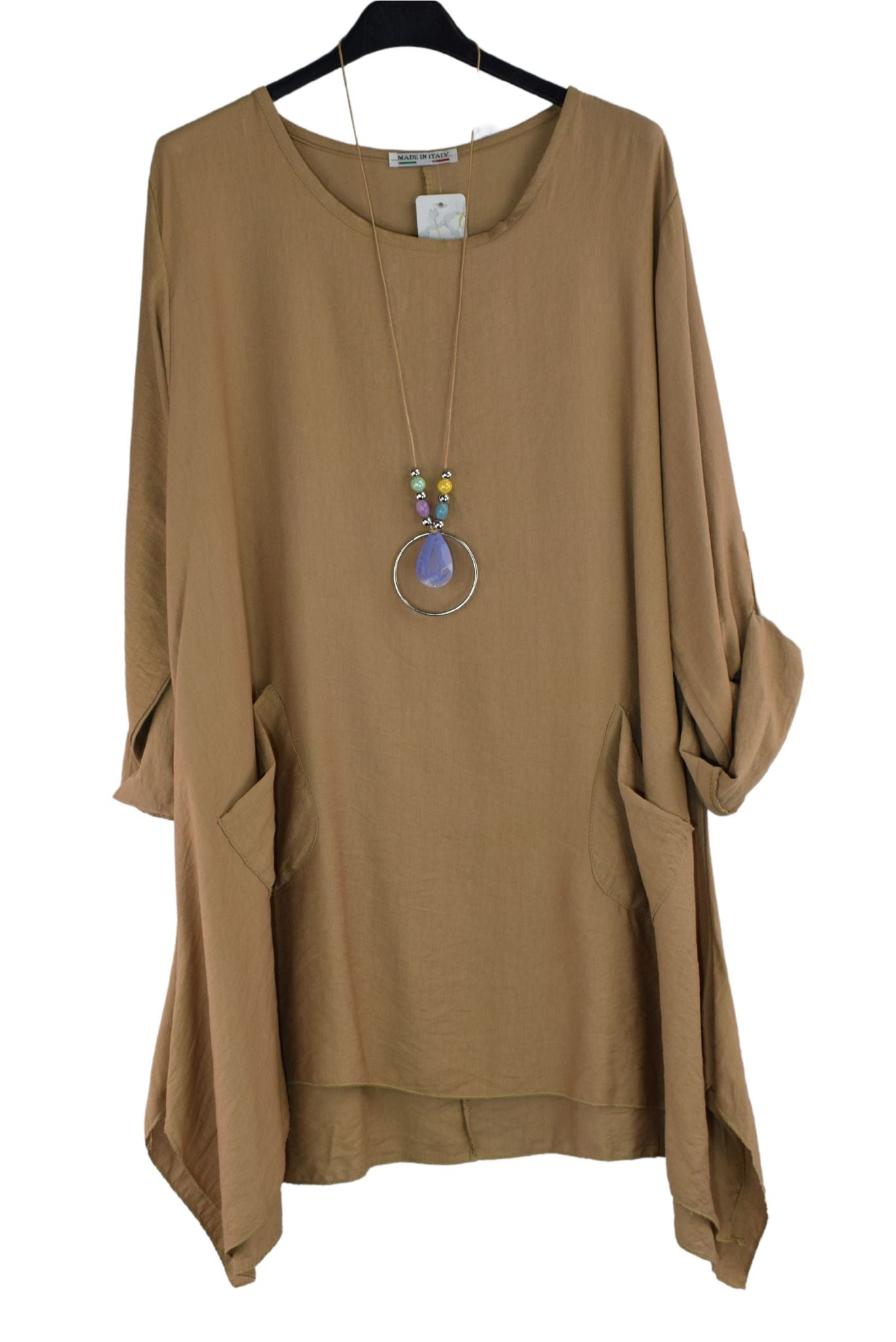 Asymmetric Tunic Top with Necklace and Italian Lagenlook Hi-Lo Squared Hemline with Pockets for Women