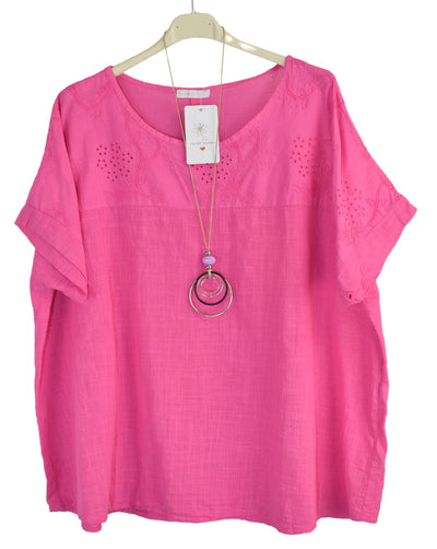 Lace Embroidery Detail Top with Necklace Summer Top Short Sleeves