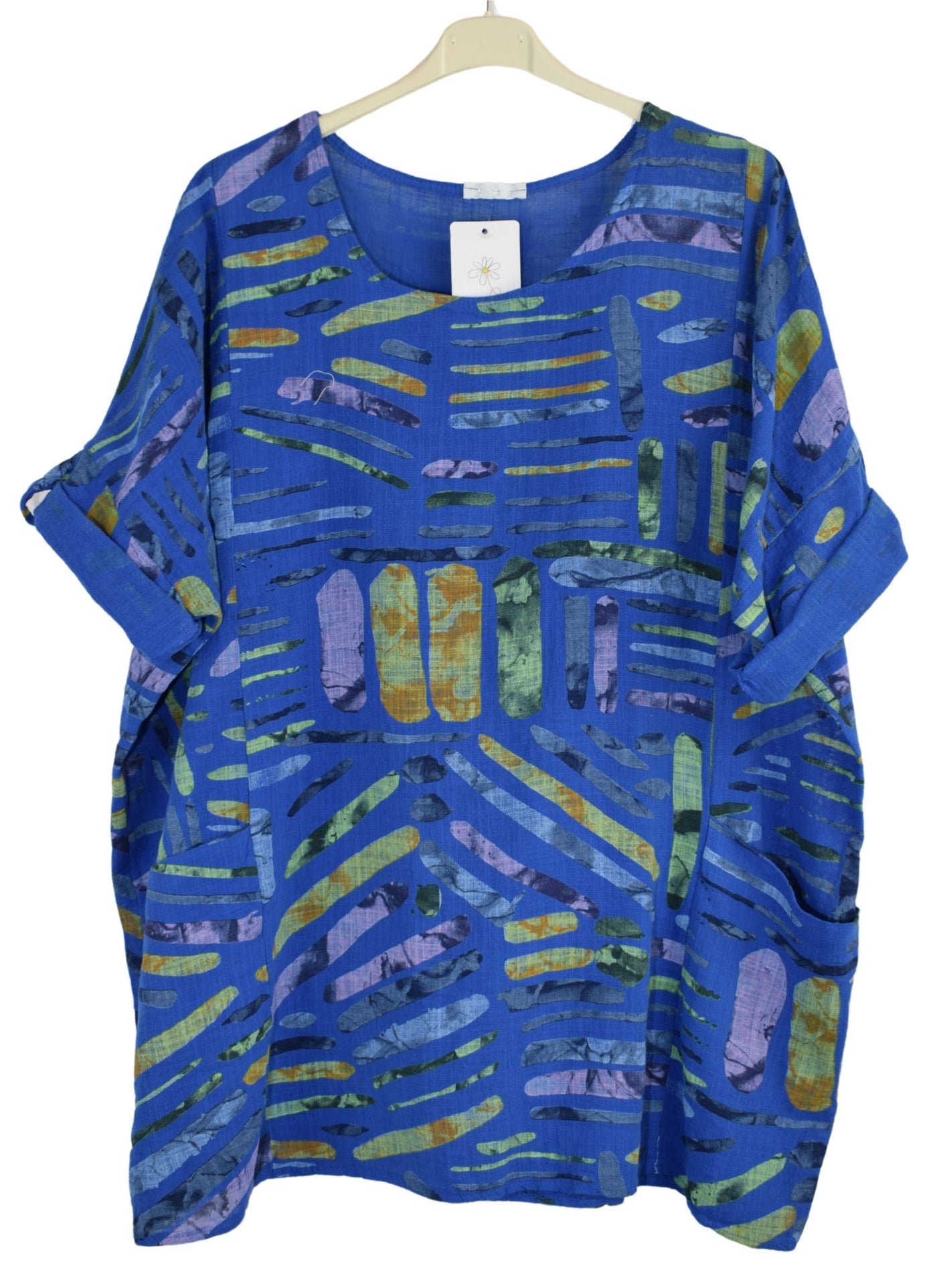 Quirky Colourful Line Print Oversized Cotton Top Casual Summer Top With Pockets
