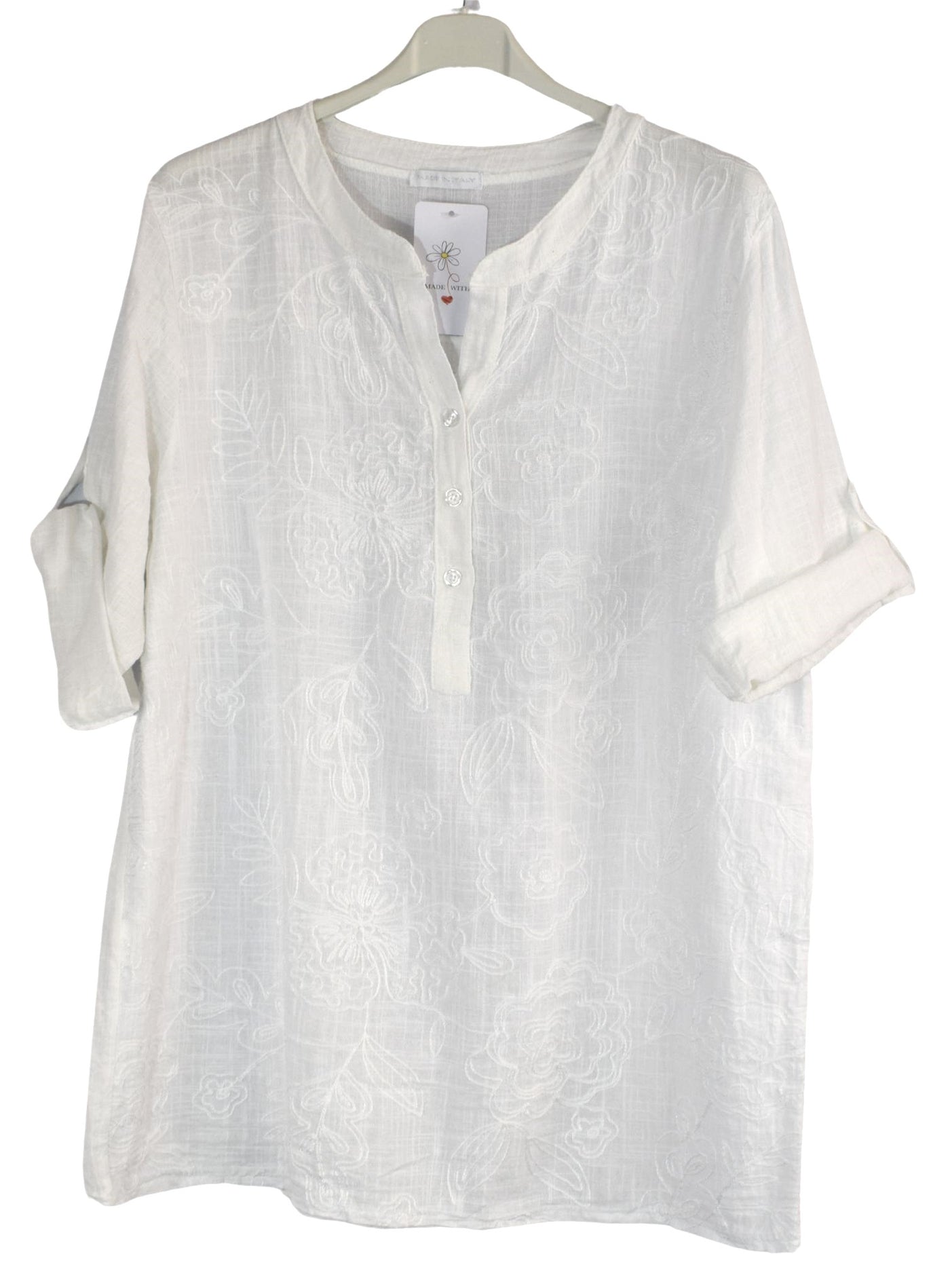 Embroidered Henley Cotton Tunic Top for Women Summer Lightweight Top Delicate Embroidery Top