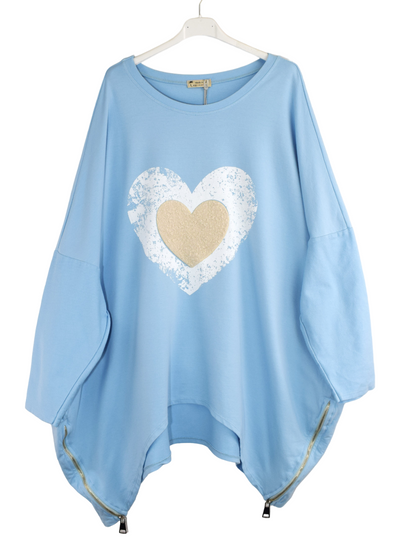 Love Heart Cotton Asymmetric Tunic Top with Pockets. Women's Pure Cotton Tunic Top with Fleece Detail Love Heart. Side Zip Detailing, Round Neck, Long Sleeves and Hi-Lo Hemline Tunic Top