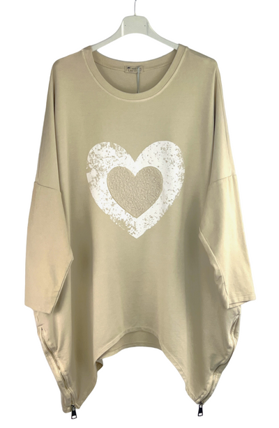 Love Heart Cotton Asymmetric Tunic Top with Pockets. Women's Pure Cotton Tunic Top with Fleece Detail Love Heart. Side Zip Detailing, Round Neck, Long Sleeves and Hi-Lo Hemline Tunic Top
