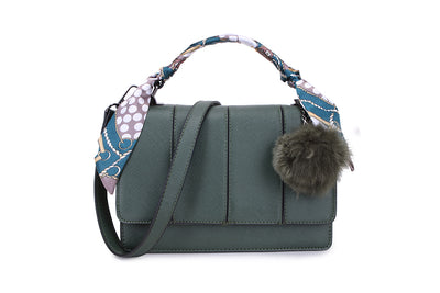Long & Son Vegan Leather Stylish Small Handbag with Silk Material Handle and Pom-Pom Chain