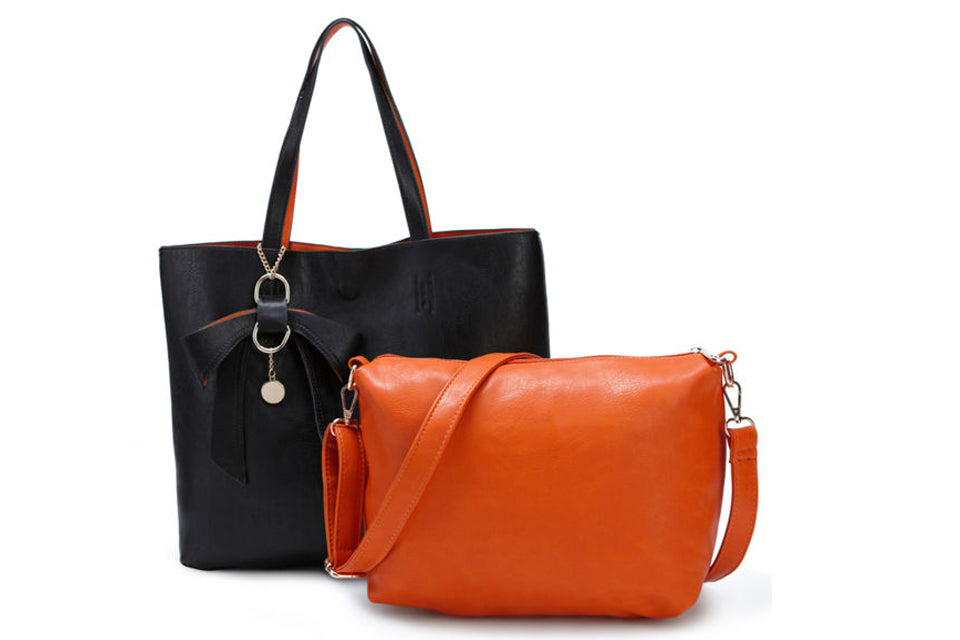 Long & Son Vegan Leather Contrasting Colours Shoulder Bag Set with Bow Chain