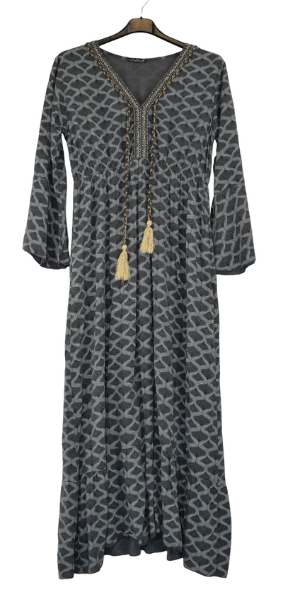 Ladies Italian Lagenlook Wavy Printed Maxi Dress Tasselled with Long Flared Sleeves