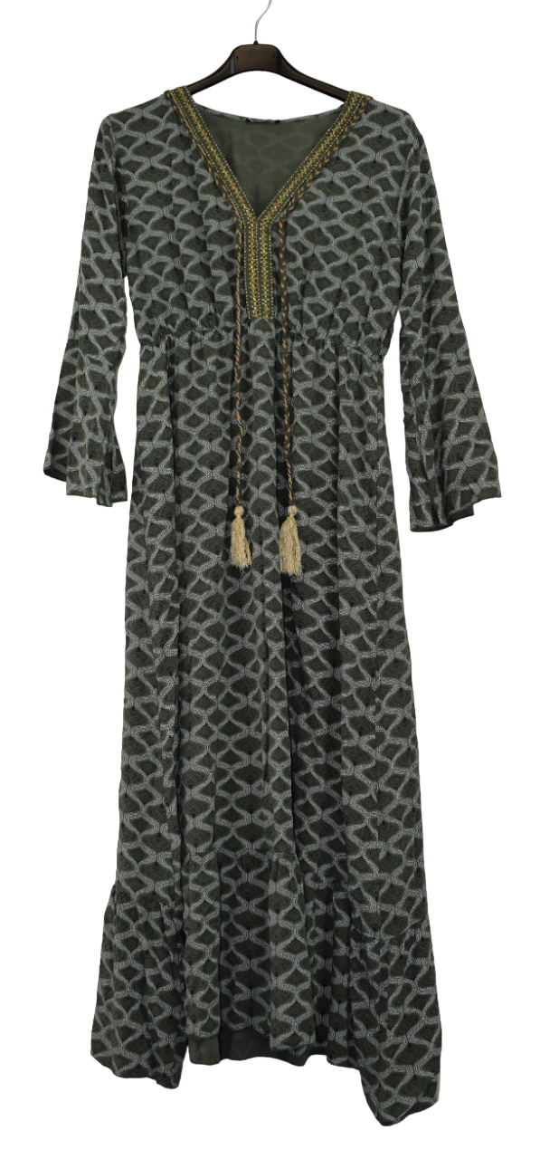 Ladies Italian Lagenlook Wavy Printed Maxi Dress Tasselled with Long Flared Sleeves