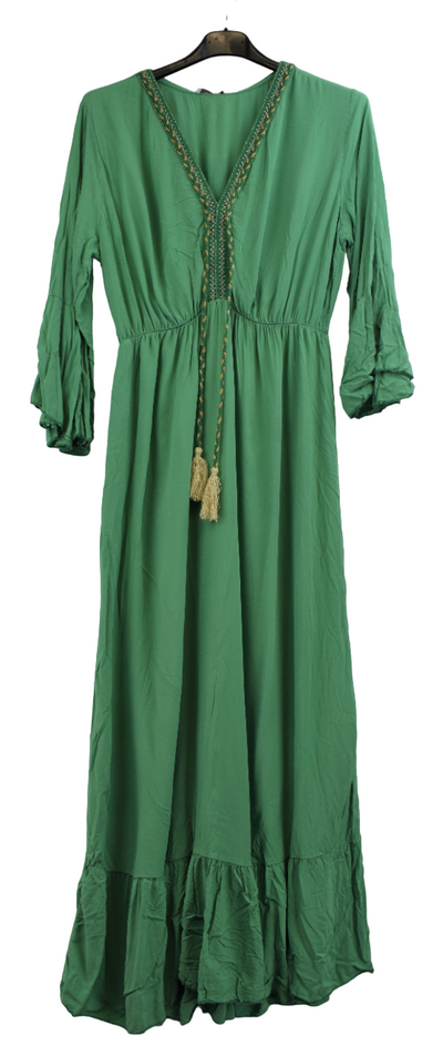 Ladies Italian Lagenlook Plain Tiered Long Sleeve Maxi Dress Tasselled with Flare Sleeves