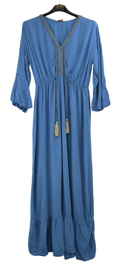 Ladies Italian Lagenlook Plain Tiered Long Sleeve Maxi Dress Tasselled with Flare Sleeves