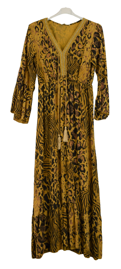 Ladies Italian Lagenlook Animal Print Maxi Dress Tasselled with Long Sleeves