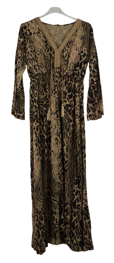 Ladies Italian Lagenlook Animal Print Maxi Dress Tasselled with Long Sleeves