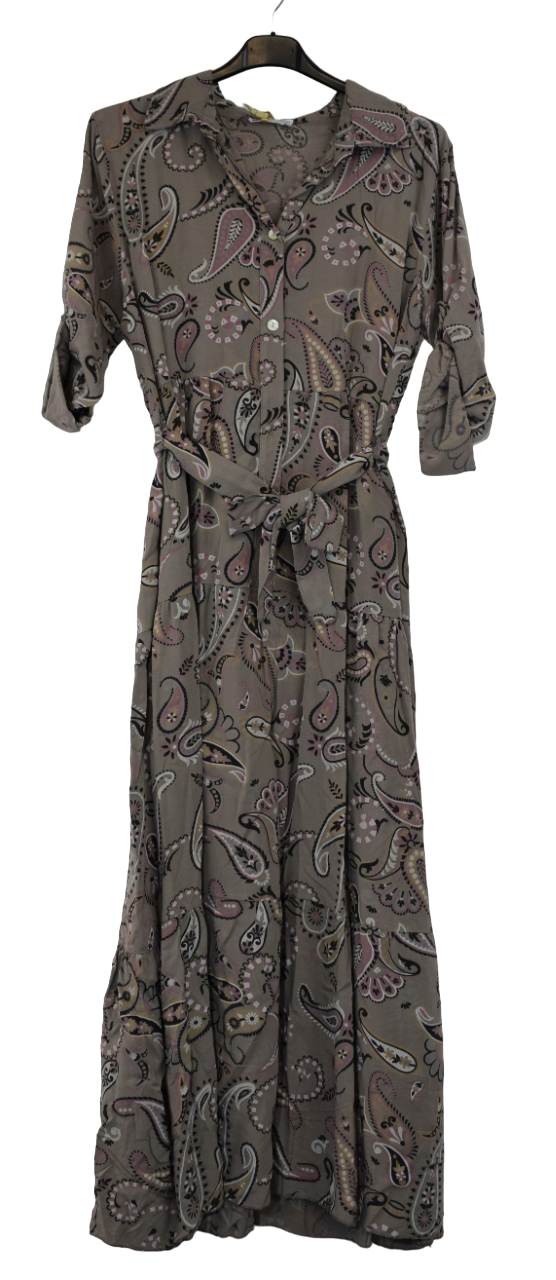 Ladies Italian Lagenlook Paisley Print Collared Belted Maxi Dress with Long Sleeves