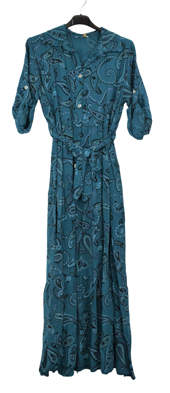 Ladies Italian Lagenlook Paisley Print Collared Belted Maxi Dress with Long Sleeves