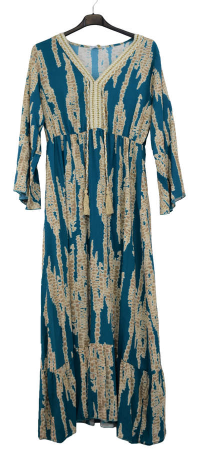 Ladies Italian Lagenlook Tie Dye Maxi Dress Tasselled with Long Flared Sleeves