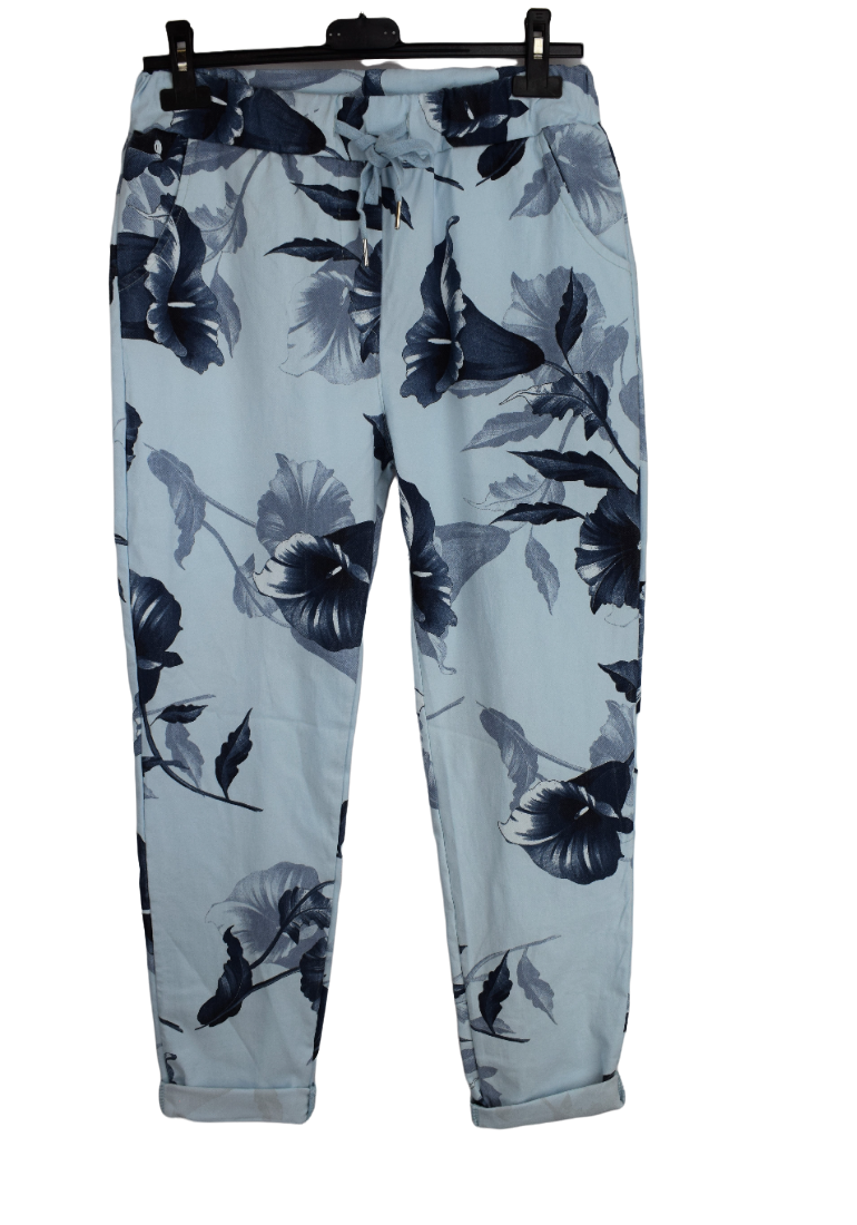 Ladies Italian Stretch Lily Print Floral Magic Trousers Pants