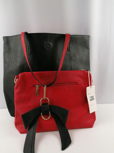 Long & Son Vegan Leather Contrasting Colours Shoulder Bag Set with Bow Chain
