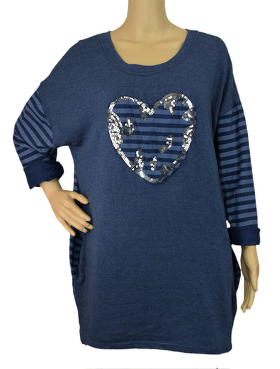 New Ladies Italian Lagenlook Love Heart Stripe Tunic Top