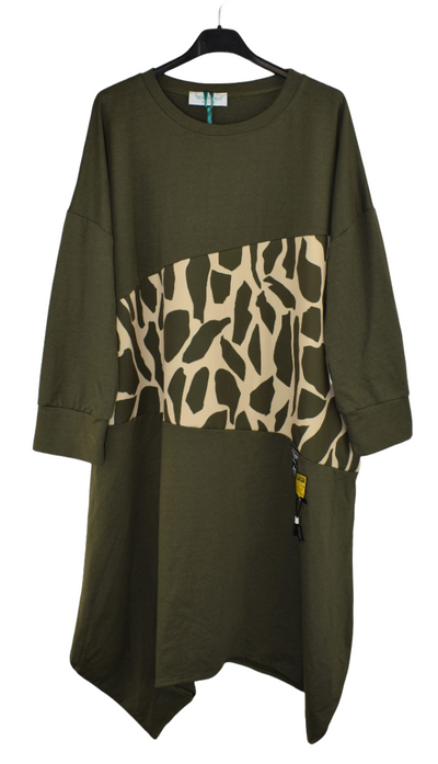 Ladies Italian Lagenlook Asymmetric Tunic Top with Animal Print Panel
