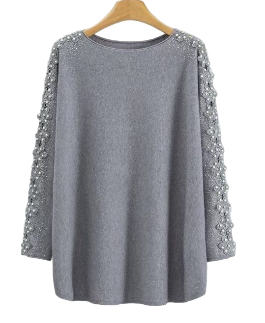 Ladies Italian Pearl & Stone Embellished Cutwork Sleeve Jumper
