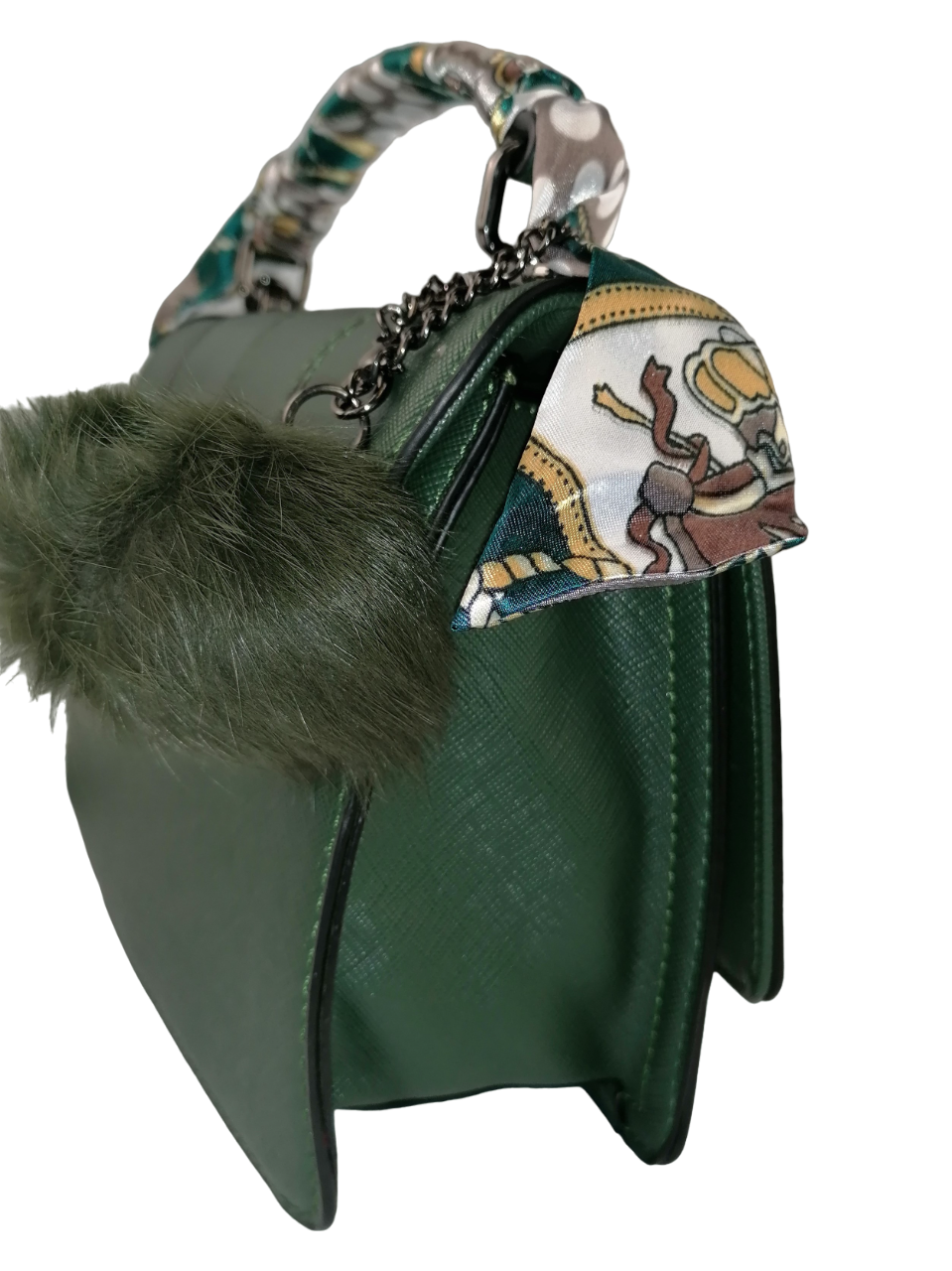 Long & Son Vegan Leather Stylish Small Handbag with Silk Material Handle and Pom-Pom Chain