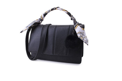 Long & Son Vegan Leather Stylish Small Handbag with Silk Material Handle and Pom-Pom Chain