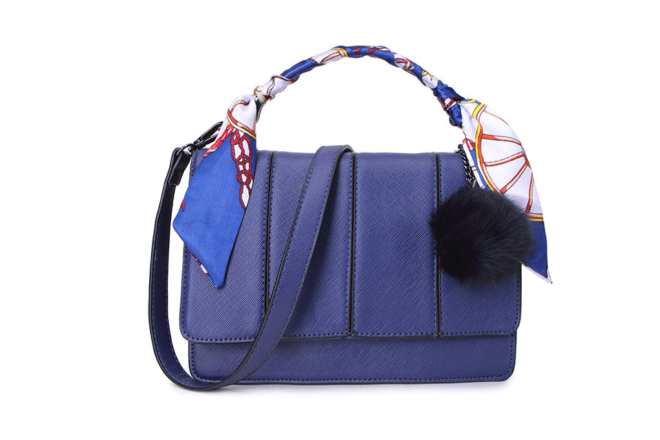 Long & Son Vegan Leather Stylish Small Handbag with Silk Material Handle and Pom-Pom Chain