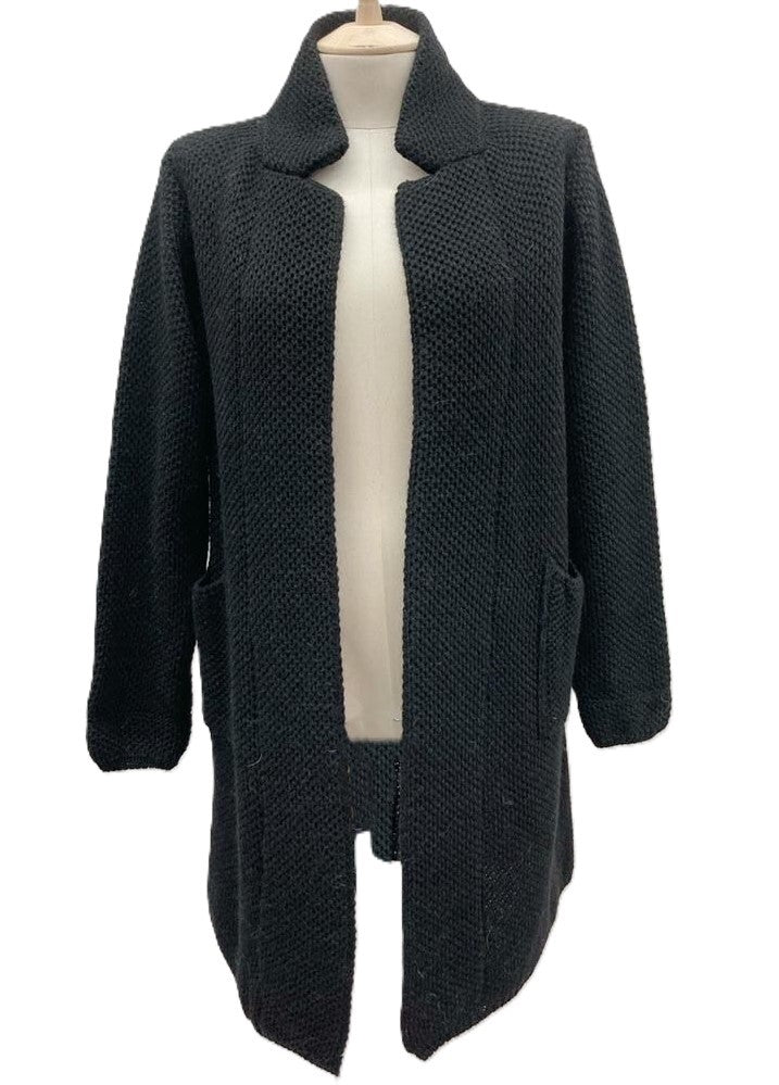 Italian Lagenlook Chunky Knit Open Front Wool Blend Mohair Collared Cardigan with Pockets