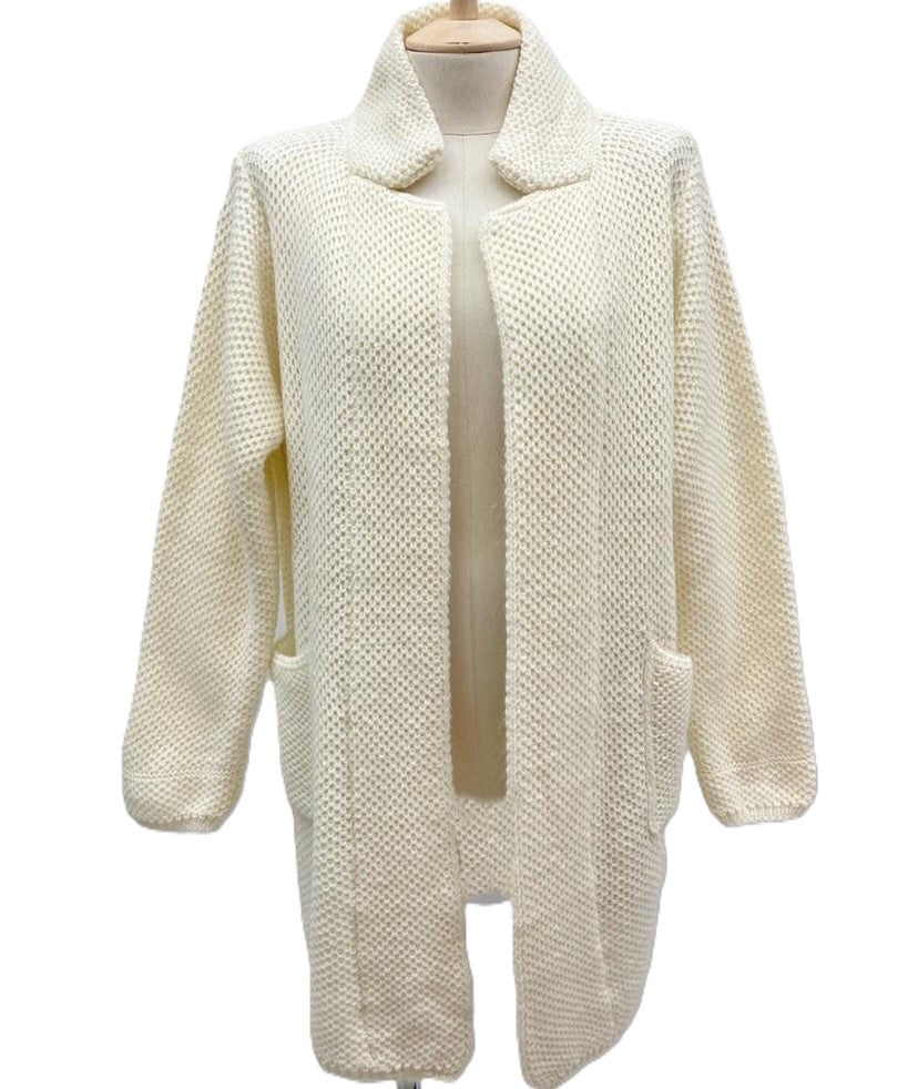 Italian Lagenlook Chunky Knit Open Front Wool Blend Mohair Collared Cardigan with Pockets