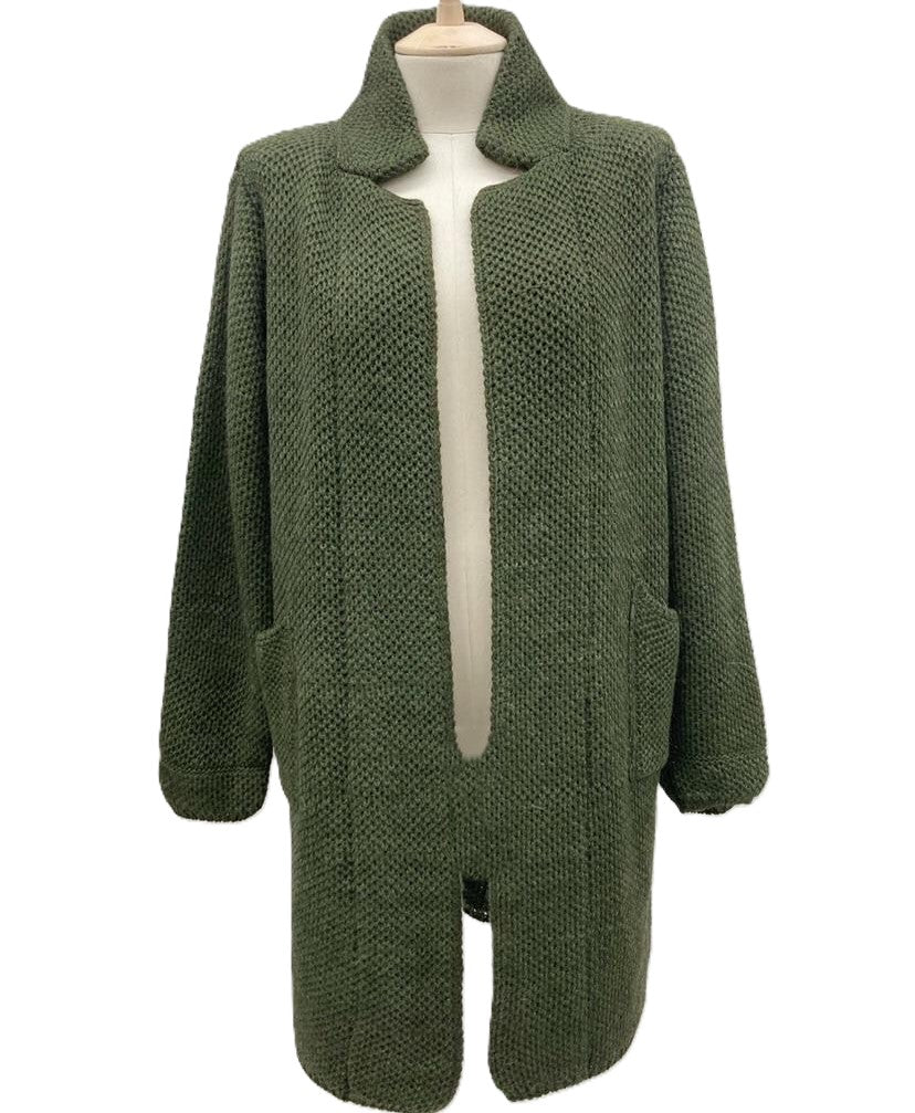 Italian Lagenlook Chunky Knit Open Front Wool Blend Mohair Collared Cardigan with Pockets