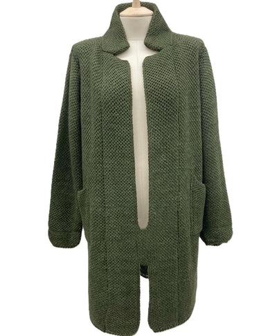 Italian Lagenlook Chunky Knit Open Front Wool Blend Mohair Collared Cardigan with Pockets