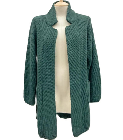 Italian Lagenlook Chunky Knit Open Front Wool Blend Mohair Collared Cardigan with Pockets