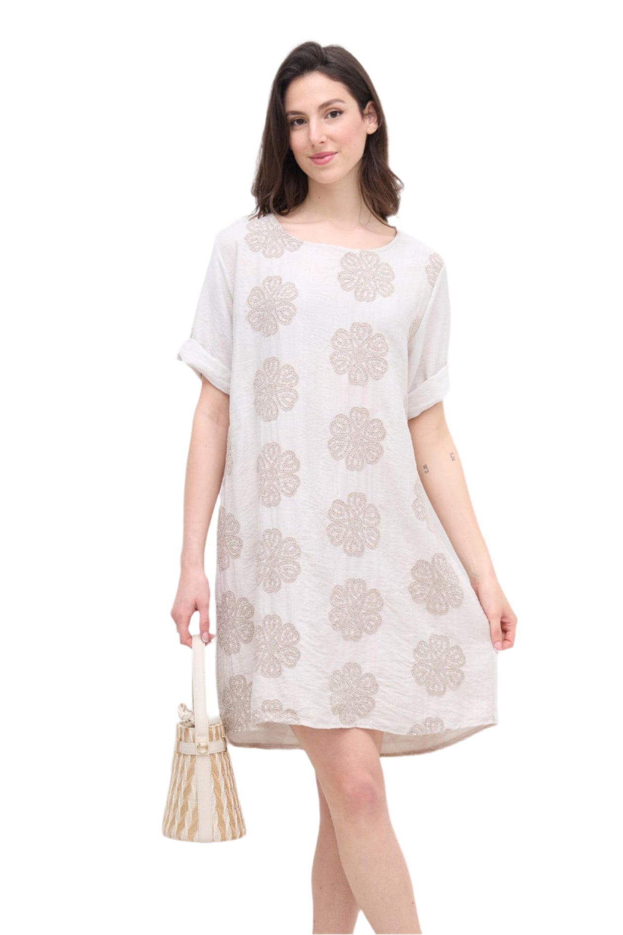 Italian Lagenlook Floral Embroidered Tunic Dress Short Sleeve Summer Dress