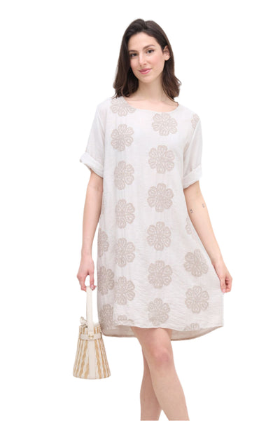 Italian Lagenlook Floral Embroidered Tunic Dress Short Sleeve Summer Dress